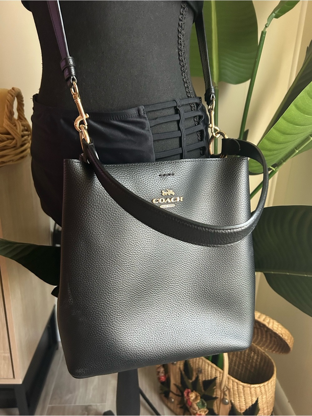COACH Black Pebbled Leather TOWN BUCKET Tote Bag